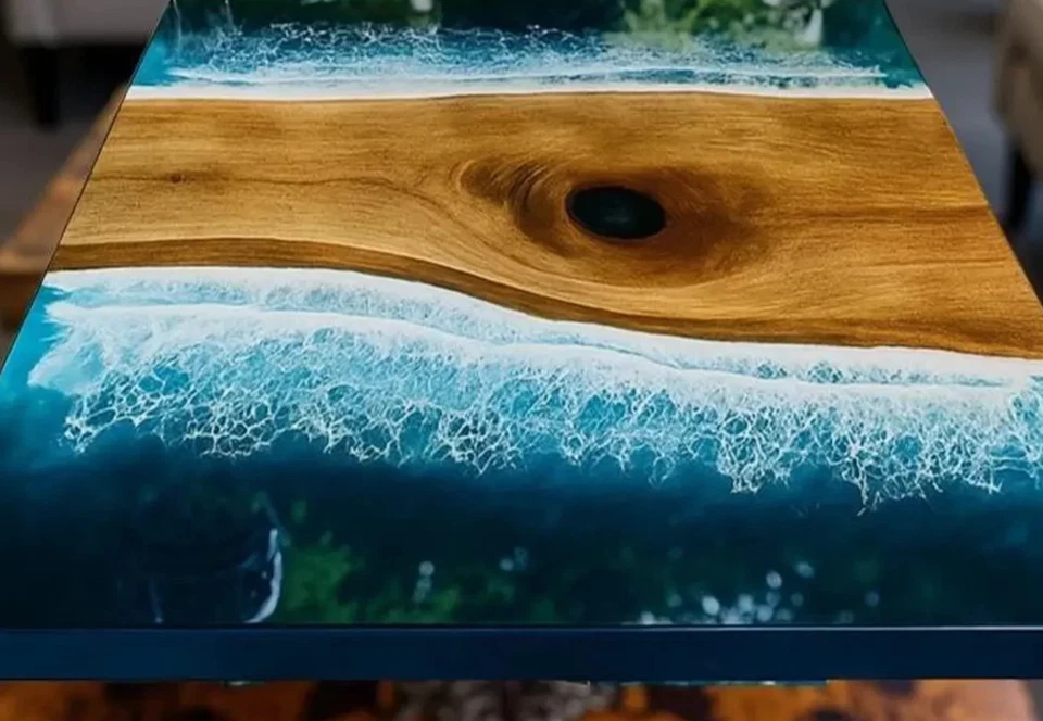 Ocean Epoxy Resin Table – Square Handmade Wooden Furniture for Home Decor - Image 3 of 4