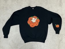 Halloween Sweatshirt M Black Embroidered Ghost Jack-o-Lantern Vintage Pls Read