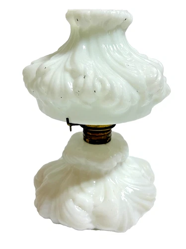 Antique Fenton LG Wright Flume Puffy Miniature Mini Oil Lamp White Milk Glass