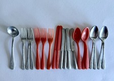 Vintage German Aluminum Plastic Dollhouse Flatware Set Forks, Knives  Spoons