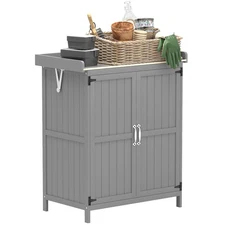 Outdoor Storage Cabinet Garden Tool Shed Metal Tabletop Wooden Potting Table