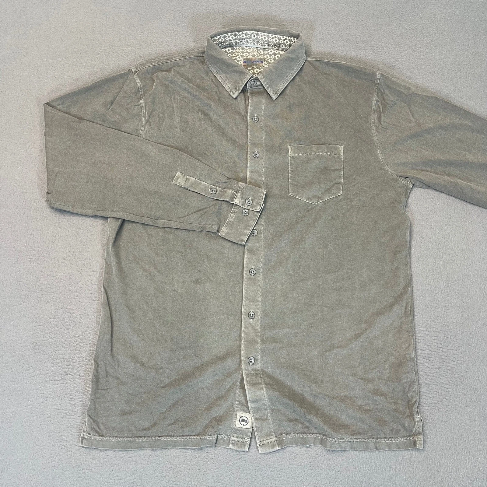 Reworn Mens Long Sleeve Button Down Shirt Grey Cotton Size L Pocket Faded Wash