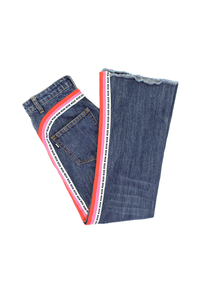 MSGM Women's Dark Washed Blue Fringed Striped Colorblock Jeans Size 40