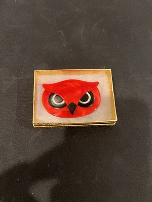 Lea Stein Athena The Owl Head Brooch Pin Red