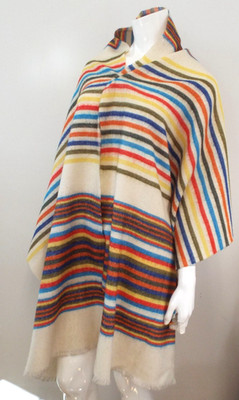 Vintage 1980s KENZO Wool Blend Striped Shawl Scarf Wrap SIGNED Cream Multicolor