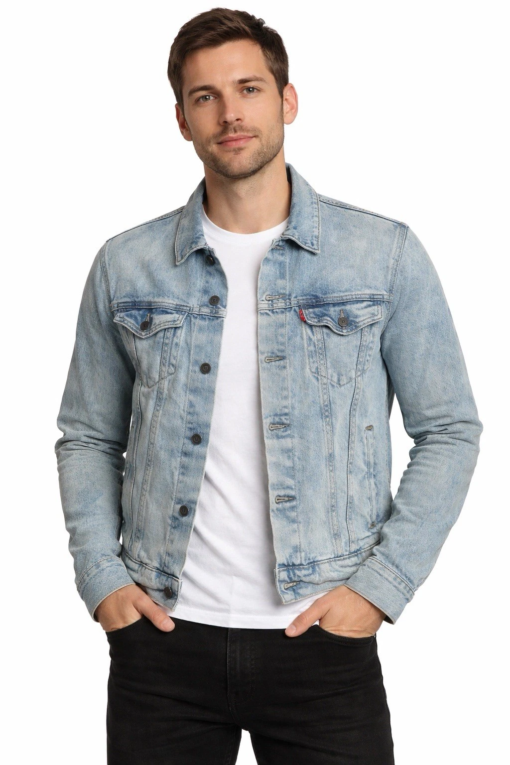 Vntg Levi Premium Men’s Blue Denim Red Tab Trucker Jacket Distressed Size Small