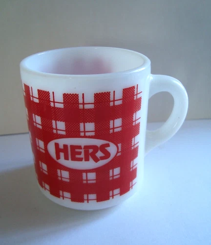 Vintage Retro Westfield "HERS" White Red Milk Plaid Glass Coffee Cup / Mug