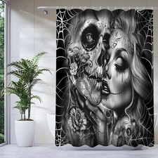 Rideau de Douche Noir, 80x200CM, Imprimé Amoureux Gothique, Rideau Douche Bai...
