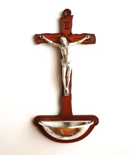 Wood Crucifix Holy Water Font with Silver Tone Receptacle