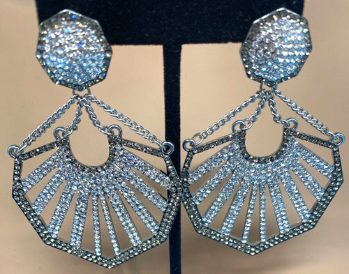 Joan Boyce Signed Earrings Gorgeous Rhinestones 3" L French Clip Silver-Tone VTG - Picture 4 of 19