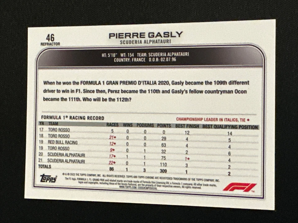 2022 Topps Chrome Formula 1 #46 Pierre Gasly - Image 2 of 2