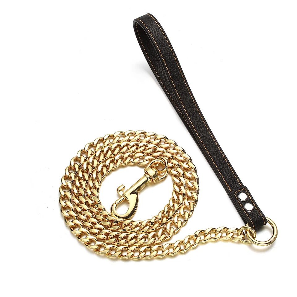3ft Pet Dog Leash Duty Gold Stainless Steel NK Chain With Soft Leather Handle - Image 3 of 4