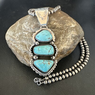 Blue Kingman Turquoise Stone Navajo Sterling Silver Cluster Pendant 17631 