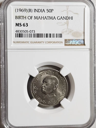 India 50 Paise 1969B Birth of Mahatma Gandhi NGC MS 63