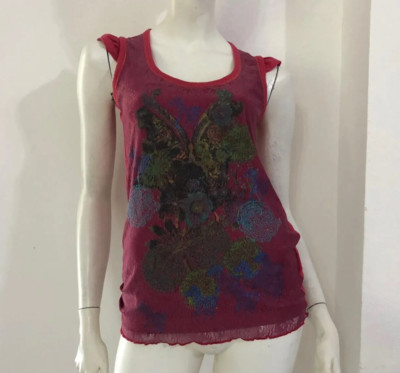 DESIGUAL Top Tanktop rot Spitze bunt gemustert Gr. L 