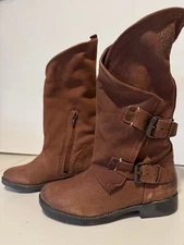 Coolway Alida Brown Suede Distressed Moto Boots Mid Calf Pull On EU 37 US 6