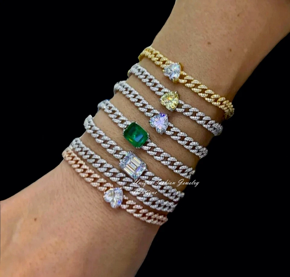 18K платины заполненный зеленый кубинский ссылка цепочка и теннисный браслет сделано w Swarovski - Изображение 3 из 4