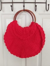Vintage Red Handmade Crochet Purse W/Faux Tortoise Shell Circle Handles
