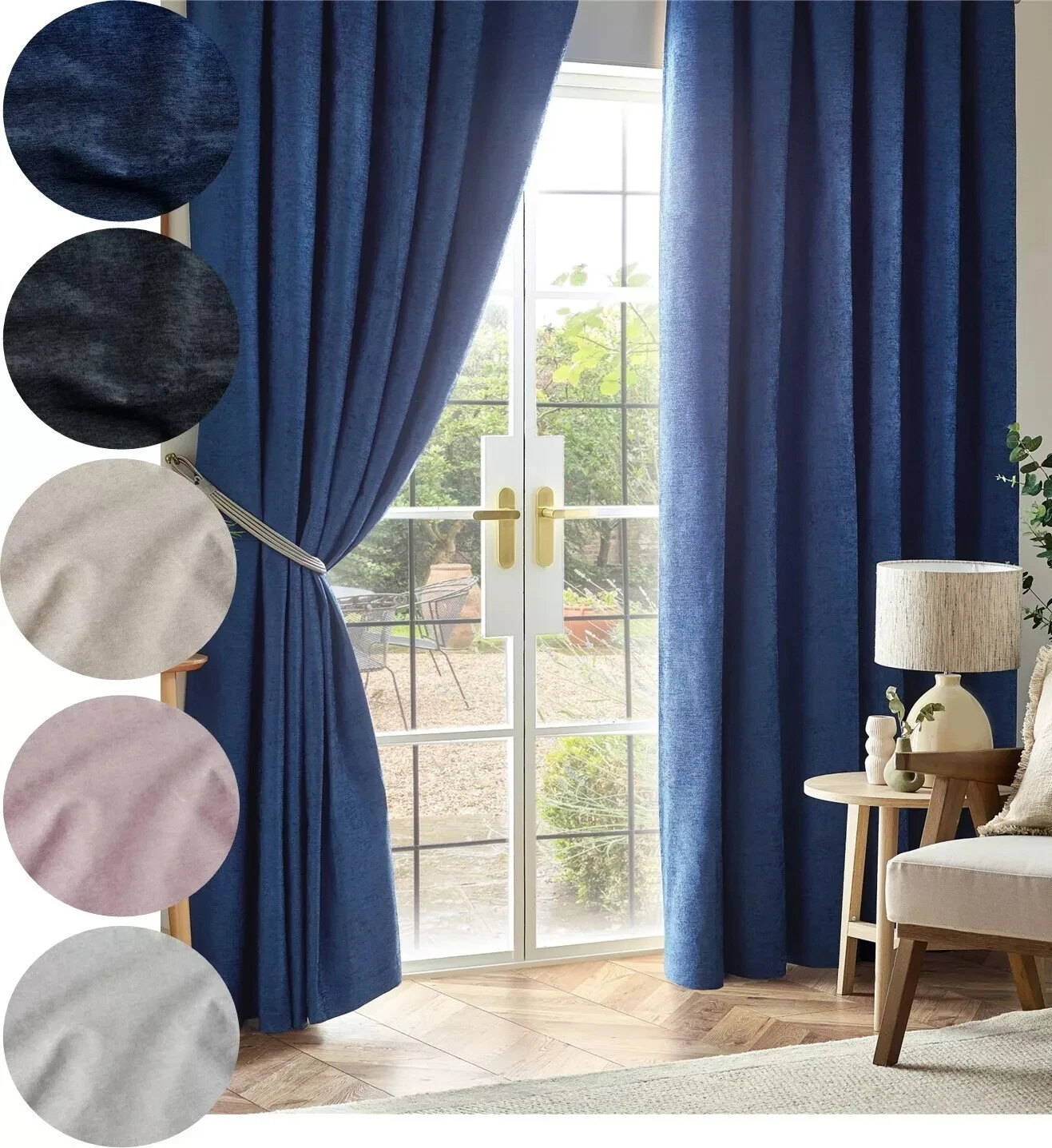 Chenille Blackout Self Lined Woven Pencil Pleat Curtains Pair, 10 colours