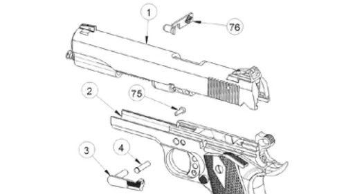 Technical drawing of a handgun with numbered barrel fixing pin, slide, grip, and trigger components.
