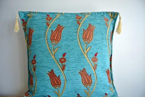 Turquoise Chenille Floral Tulip Patterned Cushion Cover - 40x40cm - Picture 8 of 12