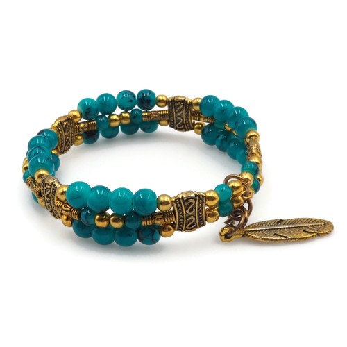 Turquoise Black Vein Glass Gold Tone Bead Feather Charm Wire Fashion Bracelet - Picture 5 of 14