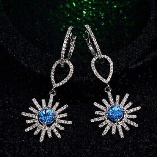 2.00Ct Round Cut Simulated Sapphire Dangle/Drop Earrings 14K White Gold Plated - Picture 1 of 4