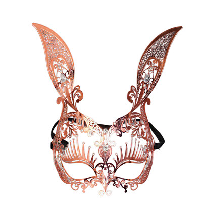 Bunny Rabbit Metal Laser Cut Silver Rhinestones Masquerade Mask - Rose Gold