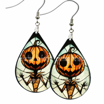 Faux Stained Glass Halloween Pumpkin Head Earrings Teardrop NO TARNISHING Wood