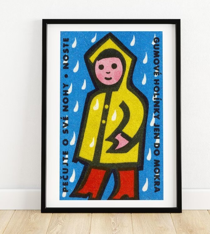 Yellow Raincoat Rain - Matchbox Print - Czech Wall Art - Vintage Czech Art-image