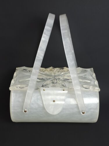 Borsetta scatola botte lucite stile intagliato vintage perla marmorizzata metà secolo LEGGI TUTTO - Foto 2 di 24