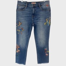 Johnny Was Cropped Denim Boyfriend Jean Size 29 Embroidered Mid-Rise Raw-Hem New