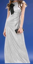 LAUREN Ralph Lauren Bow-Trim Metallic Maxi Gown Silver | Dark Gray Sz 4 NWOT