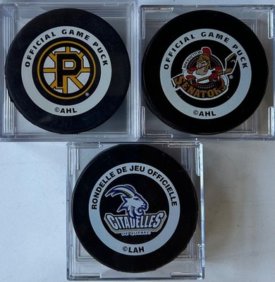 (3) AHL  BINGHAMTON PROVIDENCE BRUINS QUEBEC CITADELLES OFFICIAL GAME PUCKS