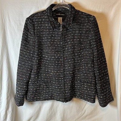 Sag Harbor Petite 14P Black Boucle Tweed Zip Jacket Metallic Confetti Speckle