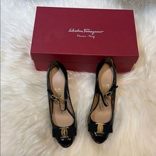 Salvatore Ferragamo Black Patent Leather Pumps with Gold Accents NWT