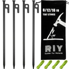 Heavy Duty 4 Pack 12" Steel Tent Stakes for Camping - Unbreakable Pegs