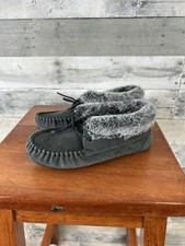MINNETONKA 6 Gray Suede Slipper Booties JACKIE Faux Fur Lined Moccasin Style