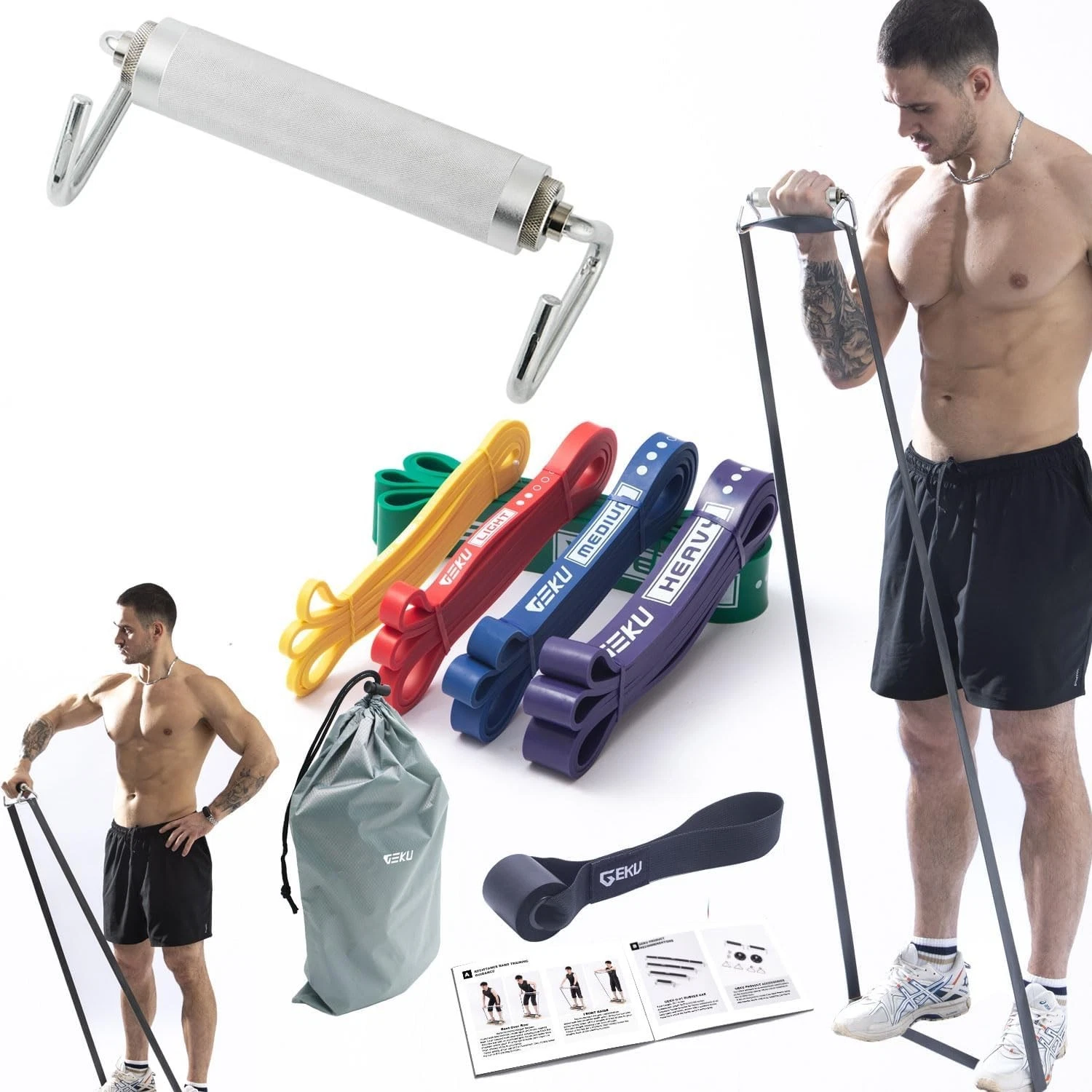 Resistance Bands W/ Aluminium Alloy Handle Set of 5 Natural Latex Exercise Bands