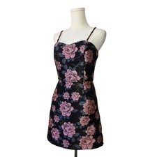 FOREVER 21 Black Ground Pink Rose Mini Criss-Cross Strap Dress