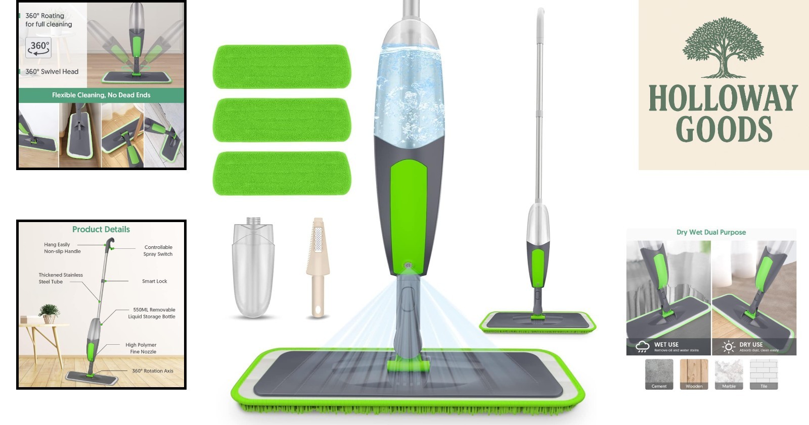Effortless Spray Mop with 3 Reusable Pads for Efficient Floor Cleaning 550ML