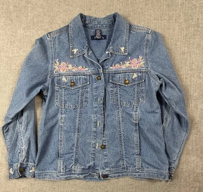 VTG Denim & Co. Wmns Floral Natural Stone Wood Bead Embroidered Jean Jacket Med - Image 1 of 4