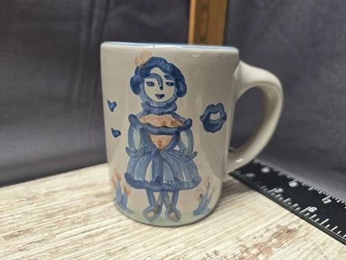M A Hadley Pottery Mug Coffee Cup, The End Inside Bottom Folk Art Girl