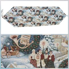 VTG 90s Christmas Tapestry Table Runner Tassles Winter Village Scene 37"