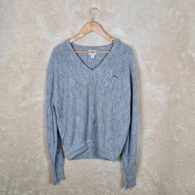 Vintage Izod Lacoste V-Ausschnitt Strick Pullover Herren Large Grau Krokodil Logo Z787