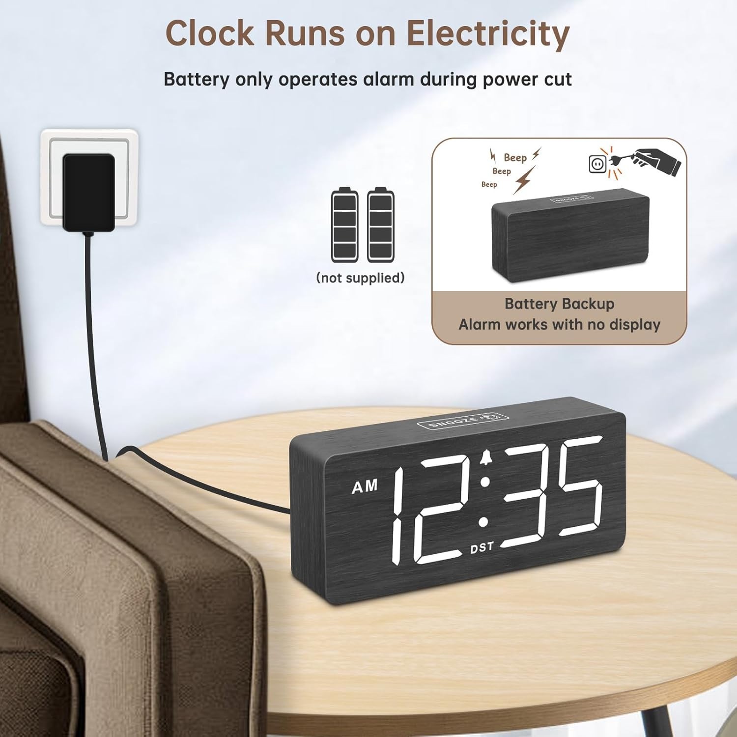 DreamSky Wooden Digital Alarm Clock for Bedroom - Loud Alarm for Heavy Sleepers