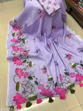 New Linen Cotton Sari With Unstitched Blouse Piece Party Wedding Wear For Women