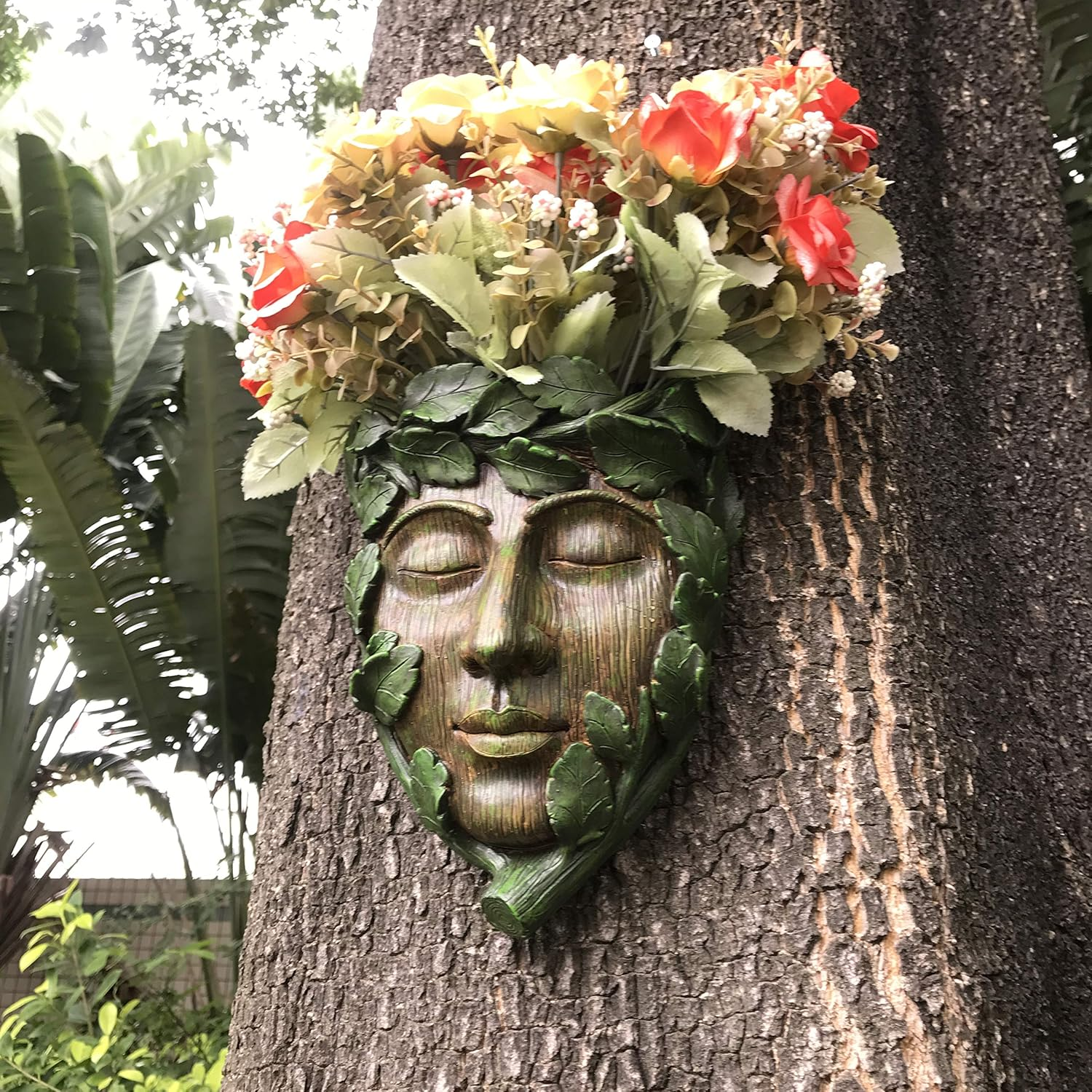 Young Man Tree Face Decor Sculpture Flower Planter Pot by Waterproof Resin, Face