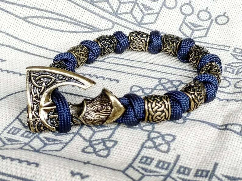 Viking bracelet made of paracord, Celtic knots and original beads. Mens  style.