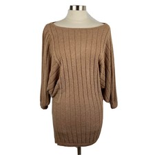 Free People FP Beach Dress M Womens Beige Mini Ribbed Dolman Sleeves Stretch